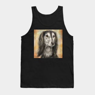 Painting of a Long Hair Brown and White Saluki Dog on Yellow Brown Background Tank Top